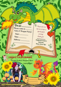 A dragon book party invitation with a dragon and sunflowers.