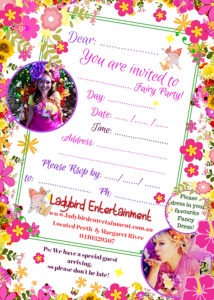 A fairy party invitation with a photo of a girl and flowers.