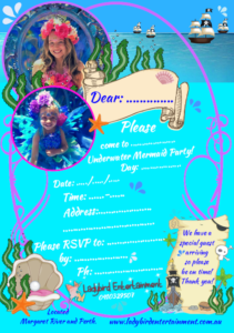 Mermaid party invitations with a picture of a little girl.