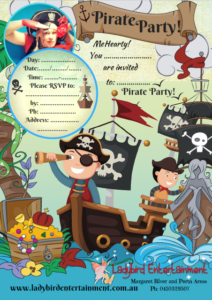 A pirate party invitation with children on a boat.