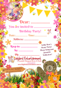 A birthday party invitation with a teddy bear and flowers.