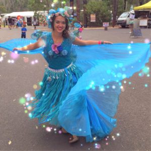 A woman in a blue dress.